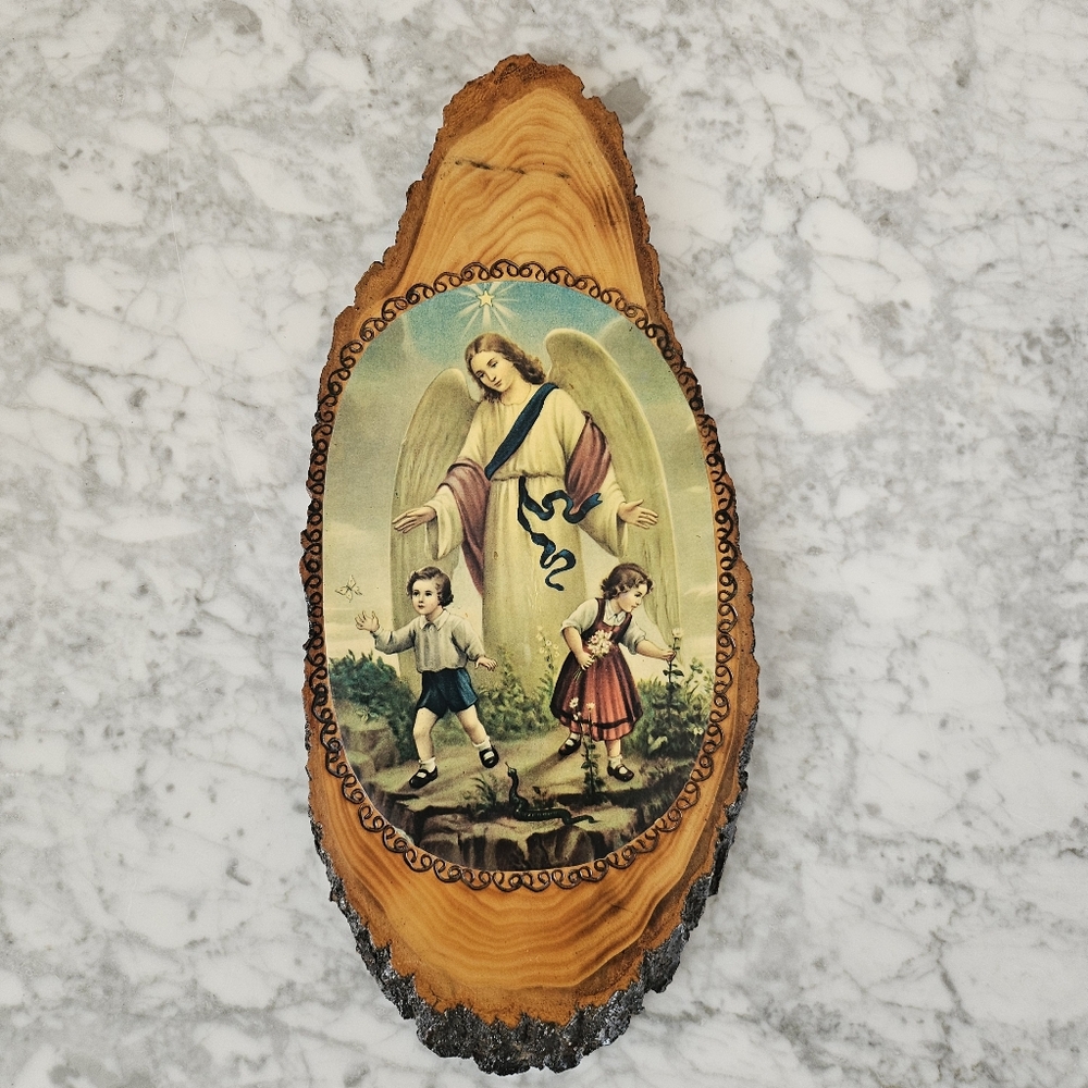 Vtg Guardian watchful angel Live Edge  wood plaque wall hanging watching prayer